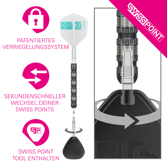 Target Rob Cross 95K Swiss Point Steel Darts Das Bild zeigt den Target Rob Cross 95K Swiss Point Steeldart mit einem speziellen Wechselsystem für die Spitzen. Es hebt das patentierte Verriegelungssystem hervor, mit dem die Swiss Points in Sekundenschnelle ausgetauscht werden können.