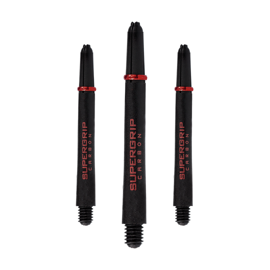 Das Bild zeigt drei schwarze Harrows Supergrip Carbon Shafts mit roten Akzenten. Auf den Schäften steht der Schriftzug „SUPERGRIP CARBON“ in roter Farbe.
