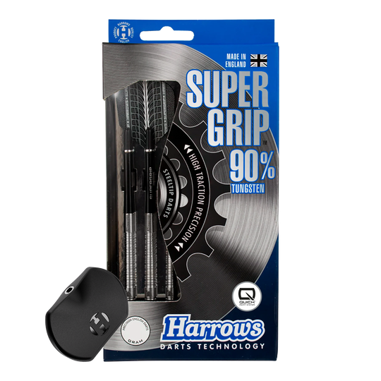 Harrows Supergrip 90 Quick Point Steel Darts Abgebildet ist der Harrows Supergrip 90 Quick Point Steeldarts. Die Dartpfeile sind detailliert dargestellt.