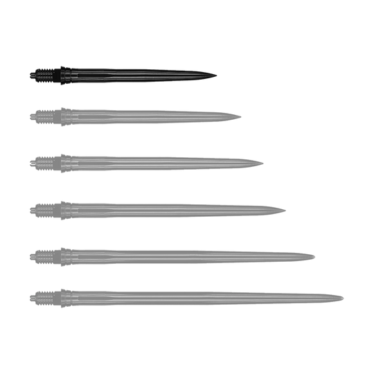 Caliburn EZ-EVO Dart Tips - Smooth - Black Das Bild zeigt schwarze Dartspitzen mit glatter Oberfläche, vermutlich 28 mm lang. Die Datei trägt den Namen EVO181_Caliburn_EZ-EVO_Dartspitzen_Smooth_Schwarz_28mm_1.