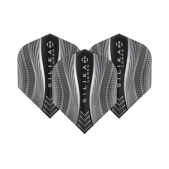 Das Bild zeigt drei schwarze Dart-Flights mit dem Namen "Harrows Silika Lumen Black No6". Die Flights haben ein modernes, grafisches Muster mit wellenförmigen Linien und Punkten.