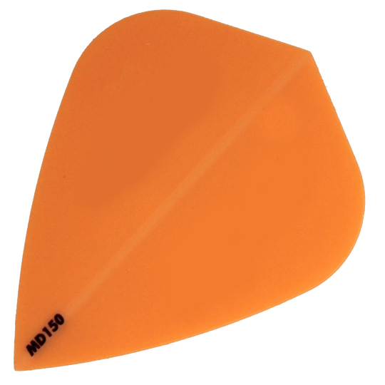 MD150-Kite-Orange Das Bild zeigt das Produkt "McDart MD150 - Kite Flight", eine orangene Dart-Flugfeder. In der unteren linken Ecke steht die Bezeichnung "MD150".