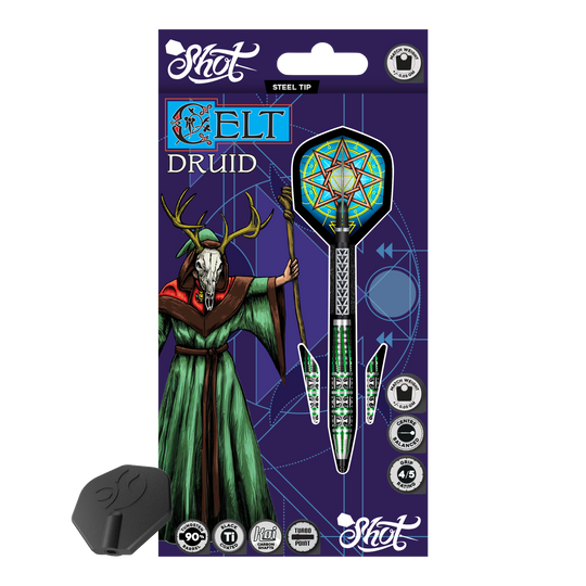 Das Produktfoto zeigt Shot Celt Druid TurboPoints Steeldarts. Die Darts heben sich durch besondere Formen ab.