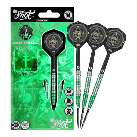 Shot Alchemy Mythril steel darts Auf dem Bild sind die Shot Alchemy Mythril Steeldarts komplett zu sehen. Sie überzeugen durch ihre edle Optik.