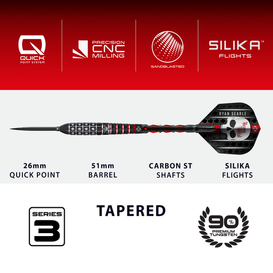 Harrow's Ryan Searle Series 3 Quick Point Steel Darts Gezeigt werden die Harrows Ryan Searle Series 3 Quick Point Steeldarts. Diese Steeldarts bieten eine präzise Wurftechnik.