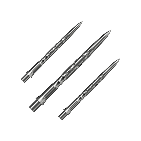 Caliburn System steel dart tips - HAN G2 - Silver Das Bild zeigt drei silberne Steeldartspitzen mit einer gedrehten Oberflächenstruktur. Sie sind spitz zulaufend und für den Einsatz in Dartpfeilen geeignet.