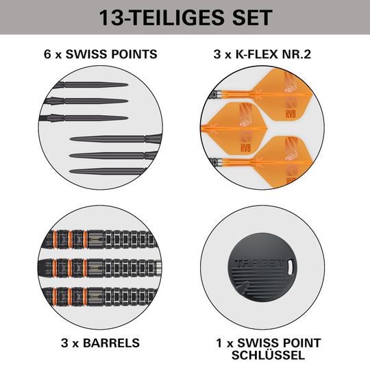 Dieses Bild zeigt die Target Raymond Van Barneveld 95K Swiss Points Steeldarts. Sie sind speziell für anspruchsvolle Dartspieler entwickelt.