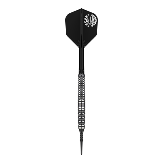 Target Japan Paul Lim The Legend GEN8 Soft Darts - 19g Das Bild zeigt einen Softdart mit schwarzer Spitze, silbernem, strukturiertem Barrel und schwarzer Flight. Auf dem Flight steht in Weiß „TARGET JAPAN“.
