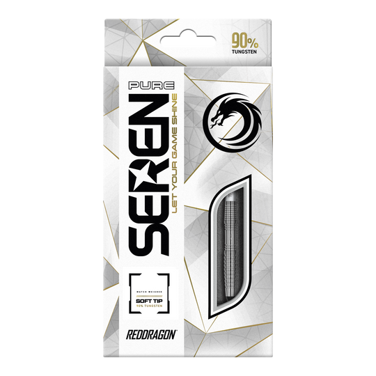 Red Dragon Seren 3 Pure Softdarts - 20g Die Abbildung zeigt die Verpackung der "Red Dragon Seren 3 Pure Softdarts - 20g". Auf der Vorderseite steht, dass die Darts 90% Tungsten enthalten und für Soft-Tip geeignet sind.