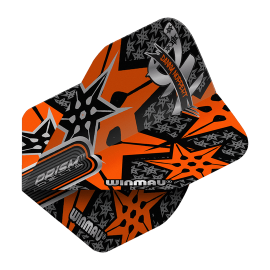 Winmau Prism Delta Danny Noppert Orange Signature No2 Standard Flights Das Bild zeigt ein Winmau Prism Delta Danny Noppert Orange Signature No2 Standard Flight. Das Flight hat ein auffälliges Design in Orange mit schwarzen und silbernen Sternen und dem Namen "Danny Noppert".