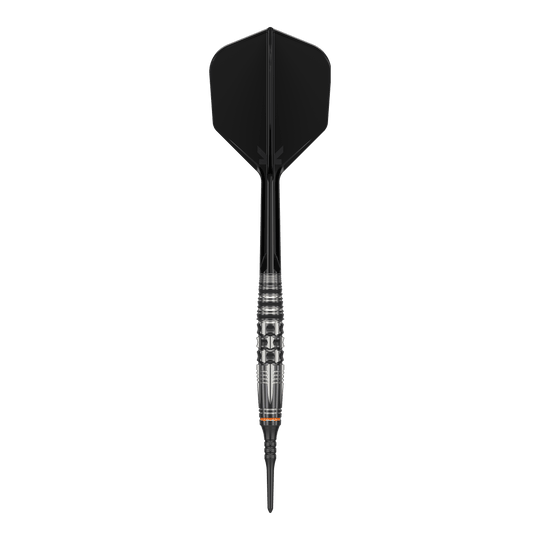 Das Bild zeigt einen Softdart mit schwarzer Spitze, Schaft und Flight. Es handelt sich um das Produkt "Target Japan Black Marque Dancing Duck GEN 4 Softdarts - 17g".