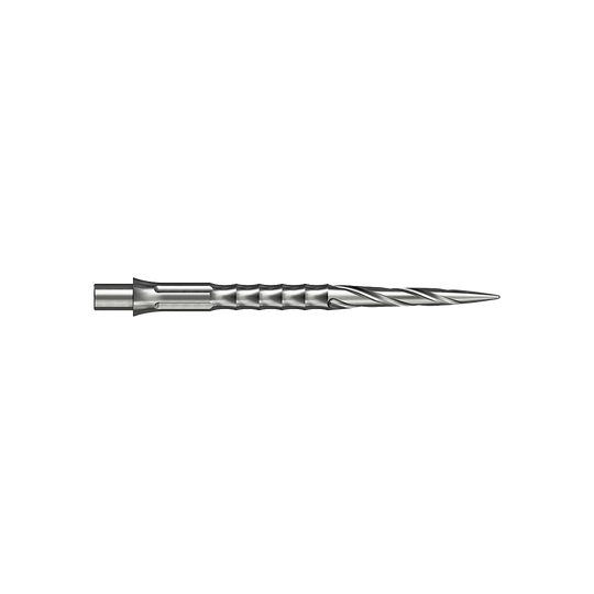 Zwei silberne Steeldartspitzen werden gezeigt. Sie sind 32 mm lang und gehören zum Spiro NoLip Design.