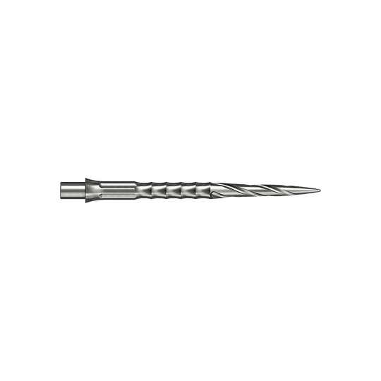Caliburn System steel dart tips - Spiro - NoLip - silver Zwei silberne Steeldartspitzen werden gezeigt. Sie sind 32 mm lang und gehören zum Spiro NoLip Design.