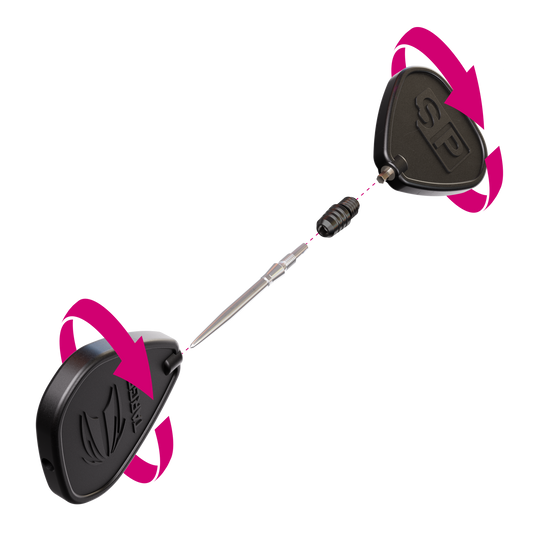 Das Bild zeigt den Target Swiss Point 2BA Converter in Schwarz. Zwei schwarze Werkzeuge und ein Converter mit einer Dartspitze sind abgebildet, mit Pfeilen, die eine Drehbewegung anzeigen.