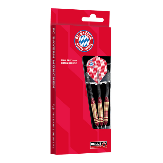 Bulls FC Bayern Munich Brass Steel Darts - 21g Das Bild zeigt die Bulls FC Bayern München Brass Steeldarts mit 21 Gramm Gewicht. Die Darts sind im Design des Fußballvereins FC Bayern München gehalten.