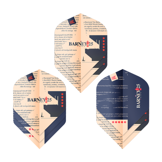 Target ProUltra Raymond Van Barneveld Barney25 Standard Flights Das Bild zeigt drei Sätze von Target ProUltra Raymond Van Barneveld Barney25 Standard Flights. Die Flights sind in Beige und Dunkelblau gestaltet und tragen den Aufdruck "BARNEY25" mit roten Sternen.