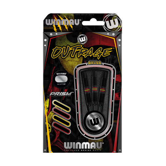 2235-18_Winmau_Outrage_Black_Coated_Brass_Softdarts_3 Das Bild zeigt eine Packung Winmau Outrage V1 Black Coated Brass Softdarts mit einem Gewicht von 18g. In der Verpackung sind drei schwarze Softdarts mit farbigen Ringen zu sehen.