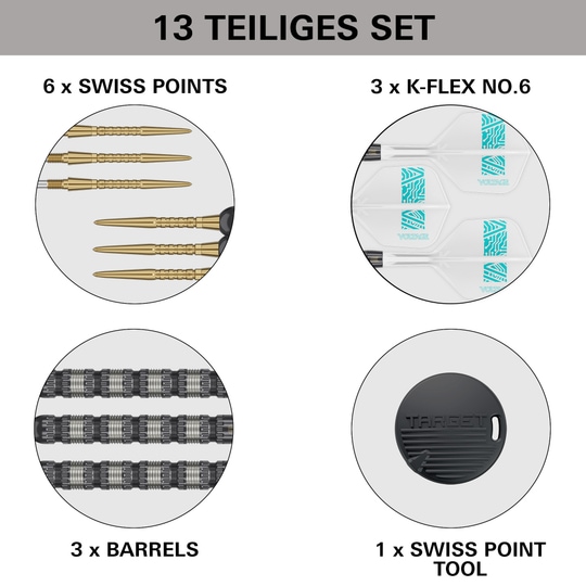 Das Bild zeigt das 13-teilige Set der Target Rob Cross 95K Swiss Point Steeldarts. Es enthält 6 Swiss Points, 3 K-Flex No.6 Flights, 3 Barrels und 1 Swiss Point Tool.