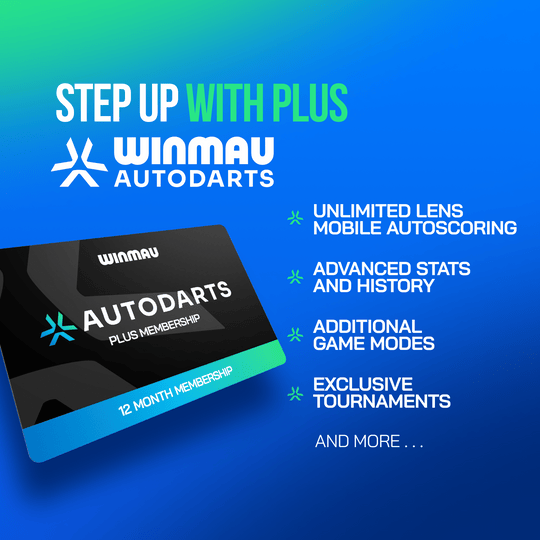 Winmau Autodarts Device Stand & 12 Months Membership Bundle Das Produktbild zeigt das Winmau Device Stand & 12 Monate Membership Bundle. Es kombiniert einen Dart-Geräteständer mit einem Mitgliedschaftspaket für zwölf Monate.