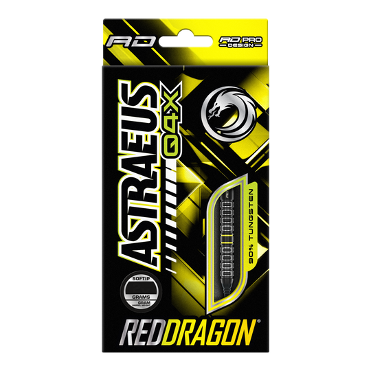 Red Dragon Astraeus Q4X Parallel Softdarts - 20g Die Verpackung zeigt die Softdarts "Red Dragon Astraeus Q4X Parallel" mit einem Gewicht von 20 Gramm. Das Design ist hauptsächlich in Schwarz und Gelb gehalten und hebt hervor, dass die Darts zu 90% aus Tungsten bestehen.