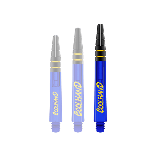 Red Dragon Nitrotech Luke Humphries Coolhand Shafts - Blue Das Bild zeigt drei blaue Dartschäfte mit der gelben Aufschrift "COOLHAND". Die Spitzen der Schäfte sind schwarz mit goldenen Ringen verziert.
