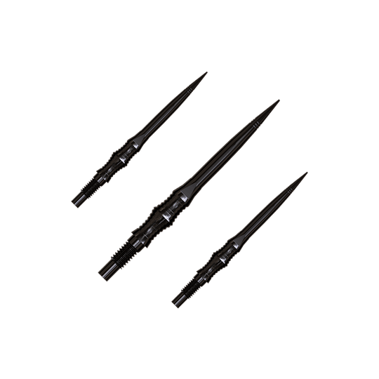 Harrows Quick Point Apex Spire Elite Series Dartspitzen - Schwarz Apex Spire Black Elite Serie Dartspitzen in 30mm sind abgebildet. Sie sind dunkel und schlank.