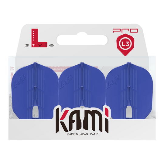 L-Style KAMI L3PRO Flights Das Bild zeigt eine Verpackung mit drei blauen Dart-Flights der Marke L-Style. Auf der Verpackung steht "kami" und "Made in Japan".