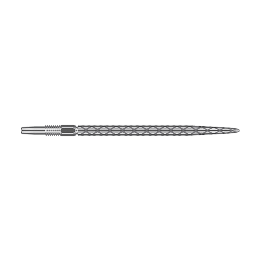 Target Swiss Diamond Pro Silver Points dart tips Das Bild zeigt eine silberne Dartspitze mit einem rautenförmigen Muster auf der Oberfläche. Sie ist lang und schmal gestaltet und besitzt ein Schraubgewinde am hinteren Ende.