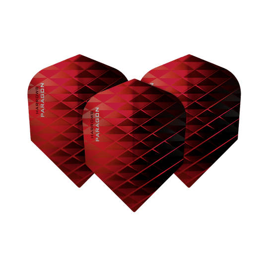 Das Bild zeigt drei rote Dart-Flights mit einem geometrischen Muster. Auf den Flights steht der Schriftzug "Harrows Paragon".