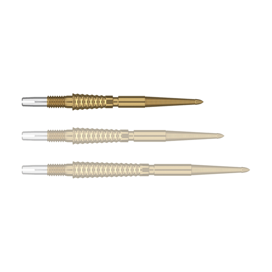 Target Swiss Storm LNC dart tips - gold Das Bild zeigt drei goldene Dartspitzen, die nebeneinander angeordnet sind. Die Spitzen haben einen strukturierten Griffbereich und silberne Endstücke.