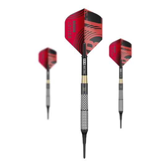 Ein Set Target Stephen Bunting GEN5 Void Softdarts - 18g ist abgebildet. Auf dem Bild sieht man alle Bestandteile des Dartsets.