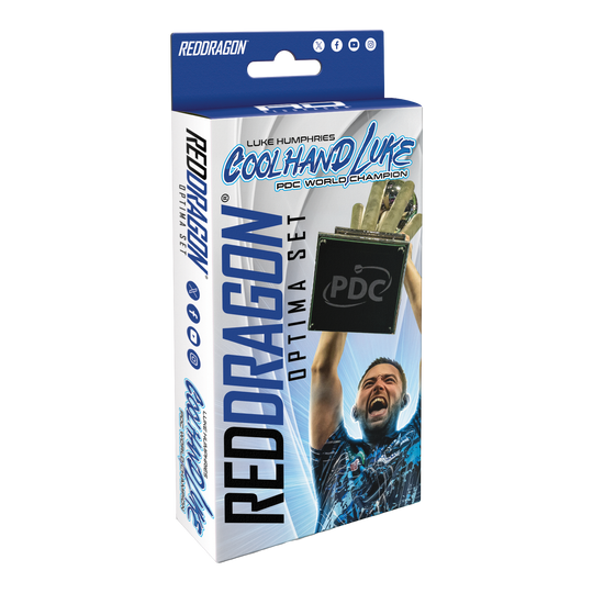 Red Dragon Luke Humphries Optima Accessory Pack Die Verpackung zeigt das Produkt "Red Dragon Luke Humphries Optima Zubehör Pack". Auf der Vorderseite ist ein jubelnder Luke Humphries und ein Pokal abgebildet.