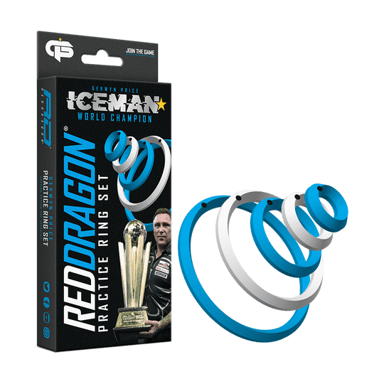 Das Bild zeigt die "Red Dragon Gerwyn Price Practice Rings" Verpackung zusammen mit den farbigen Trainingsringen. Auf der Verpackung ist auch ein Bild von Gerwyn Price und einer Trophäe zu sehen.