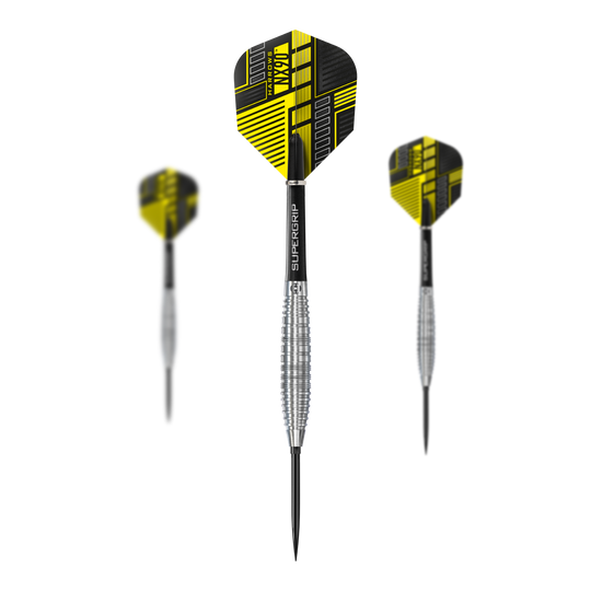 Harrows NX90 Bomb Quick Point Steel Darts Das Bild zeigt das Set Harrows NX90 Bomb Quick Point Steeldarts. Es handelt sich um spezielle Steeldarts für das Präzisionsspiel.