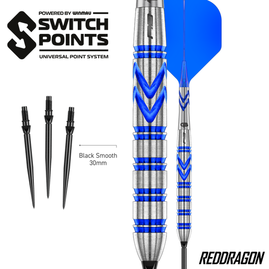 Die Red Dragon Gerwyn Price Blue Original Switch Point Steeldarts werden präsentiert. Sie zeichnen sich durch ihr markantes blaues Design aus.