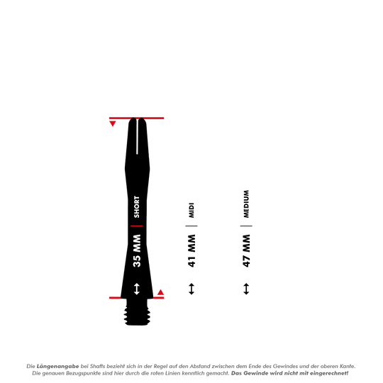 HR366_Harrows_Keramic_Shafts_5_35mm87YK1ve7QrOo3 Das Bild zeigt drei verschiedene Längen der Harrows Keramic Shafts - White: 35 mm (Short), 41 mm (Midi) und 47 mm (Medium). Die Längenangaben beziehen sich auf den Abstand zwischen dem Ende des Gewindes und der oberen Kante.