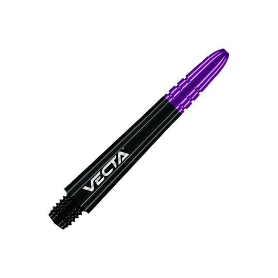 Winmau Vecta Shafts - Schwarz Lila Das Bild zeigt einen schwarzen Dartshaft mit einer lila Spitze. Auf dem Schaft steht das Wort "VECTA" in weißen Buchstaben.