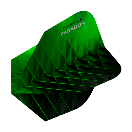 Das Bild zeigt das Produkt "Harrows Paragon Green No2 Standard Flights". Es hat ein grünes, geometrisches Design und ist für Dartpfeile gedacht.