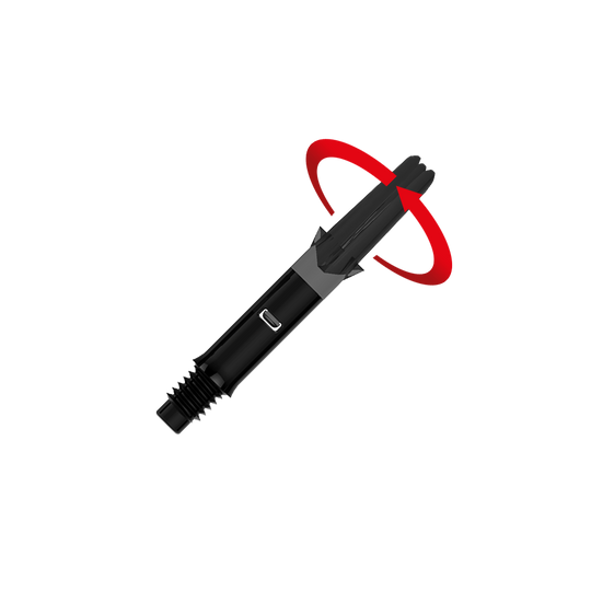 L-L-Style-Shafts Silent Straight - Black Das Bild zeigt einen schwarzen Dart-Schaft ohne Kappen. Ein roter Pfeil deutet eine Drehbewegung am oberen Ende des Schafts an.