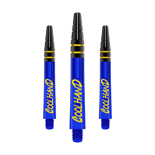 Red Dragon Nitrotech Luke Humphries Coolhand Shafts - Blue Das Bild zeigt drei blaue Dartschäfte mit der gelben Aufschrift "COOLHAND". Die Schäfte haben schwarze und goldene Ringe am oberen Ende.