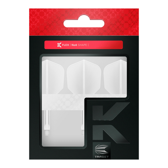 Target K-Flex No6 Flight System - White Das Bild zeigt eine Verpackung mit drei weißen Dartflights im No6-Format der Marke Target. Die Verpackung ist überwiegend schwarz mit einem roten oberen Bereich und einem Sichtfenster für die Flights.