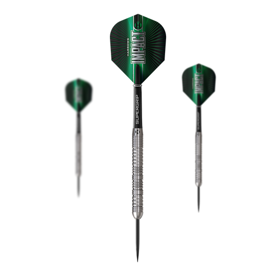Harrows Impact Steel Darts Dieses Bild präsentiert ein Set Harrows Impact Steeldarts. Das Set umfasst mehrere Darts für Steeldartspiele.