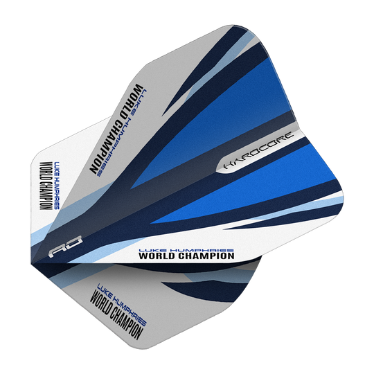 Das Bild zeigt die Red Dragon Hardcore Luke Humphries Blue White Standard Flights. Die Dartflights haben ein blau-weißes Design und den Aufdruck "Luke Humphries World Champion".