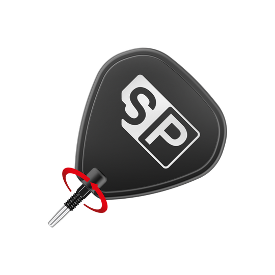 Target Swiss Point Nano Dart Tips - Black Das Bild zeigt eine schwarze Dartspitze mit einem weißen "SP"-Logo darauf. Ein roter Pfeil deutet auf eine Drehbewegung am unteren Teil der Spitze hin.