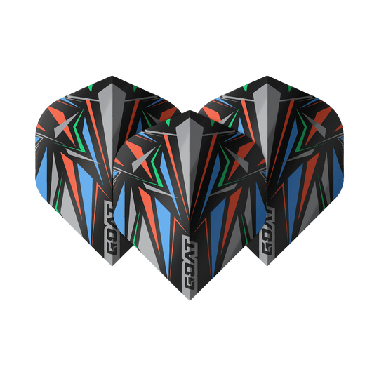 GOAT Athlete Black No2 Standard Flights Das Bild zeigt drei GOAT Athlete Black No2 Standard Flights mit einem auffälligen, bunten geometrischen Muster. Die Flights sind überwiegend in Schwarz gehalten und haben rote, blaue, grüne und graue Akzente.