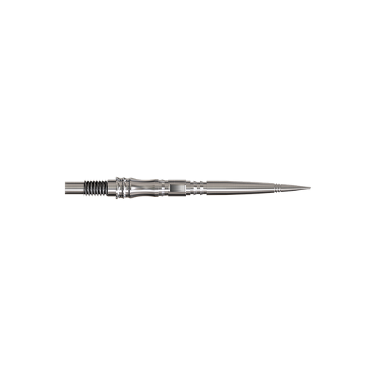 Harrows Quick Point Apex Axis Elite Series Dartspitzen - Silber Apex Axis Silver Elite Serie Dartspitzen in 30mm werden gezeigt. Sie sind silberfarben und lang.