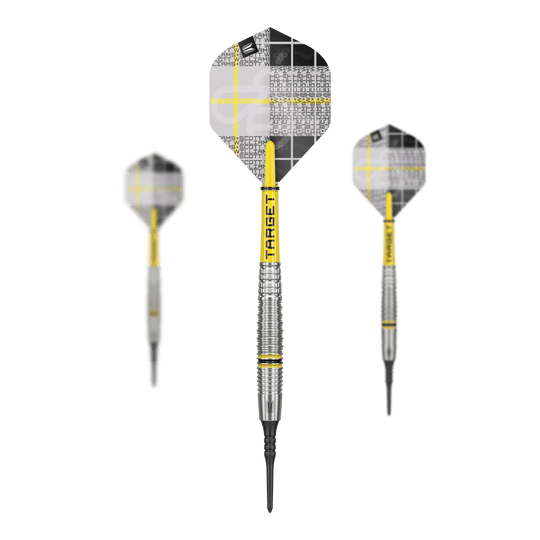Das Bild zeigt drei Softdarts des Modells "Target Scott Williams GEN2" mit einem Gewicht von 18g. Die Darts haben gelb-silberne Schächte und moderne Flights mit einem schwarz-weißen Muster.