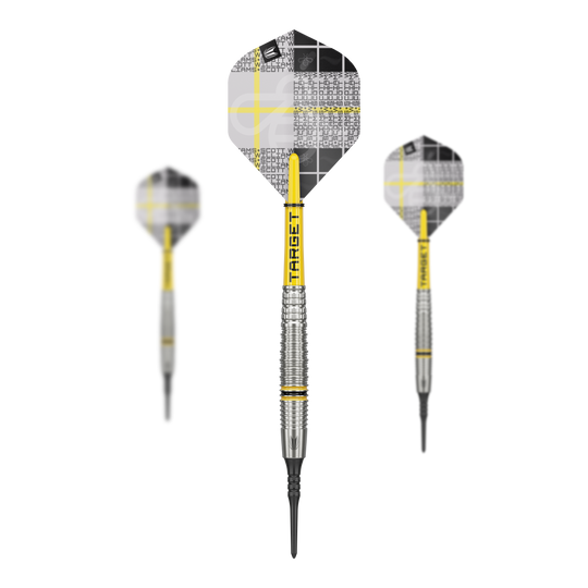 Target Scott Williams GEN2 soft darts - 18g Das Bild zeigt drei Softdarts des Modells "Target Scott Williams GEN2" mit einem Gewicht von 18g. Die Darts haben gelb-silberne Schächte und moderne Flights mit einem schwarz-weißen Muster.