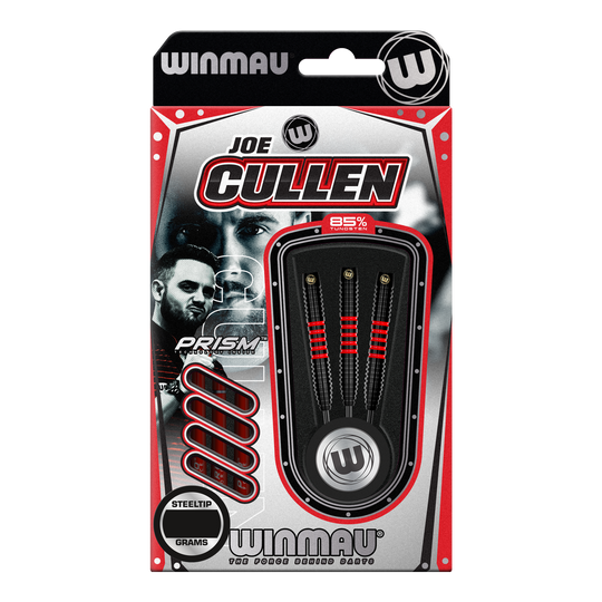 Winmau Joe Cullen 85 Pro-Series steel darts Die Abbildung zeigt die "Winmau Joe Cullen 85 Pro-Series Steeldarts" in ihrer Verpackung. Drei Darts mit schwarzem und rotem Design sind deutlich sichtbar angeordnet.