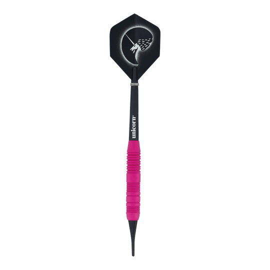 Unicorn Core Plus Rubberised Pink Softdarts - 19g Das Bild zeigt einen Unicorn Core Plus Rubberised Pink Softdart mit einem Gewicht von 19 Gramm. Der Dartpfeil hat einen pinkfarbenen, gummierten Griff und eine schwarze Flights mit einem stilisierten Einhorn-Design.